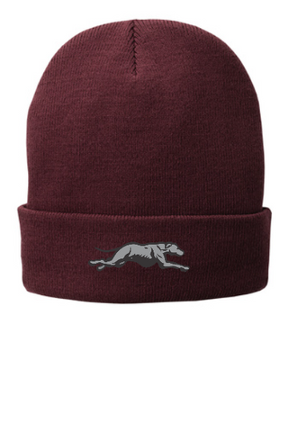 Fleece lined knit cap with embroidered Greyhound