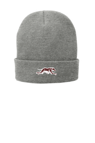 Fleece lined knit cap with embroidered Greyhound