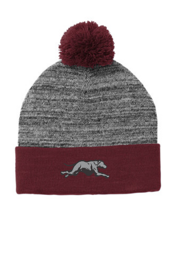 Heathered Pom Pom Knit hat with embroidered Greyhound