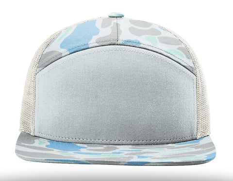 Gray and blue camouflage cap on a white background