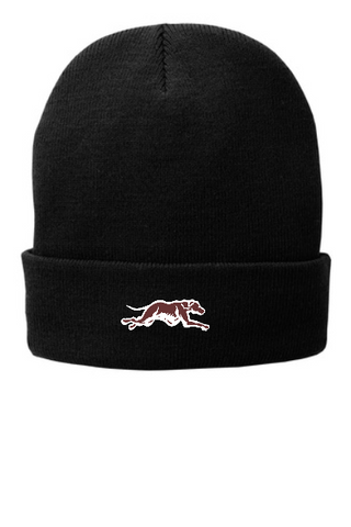 Fleece lined knit cap with embroidered Greyhound