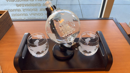 Globe Whiskey Decanter and 2 glasses with Handle Tray