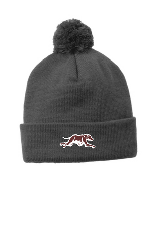 Pom Pom Solid Knit hat with embroidered Greyhound