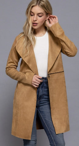 Long Sleeve Front Two Zipper Detail Faux Suede Long Jacket