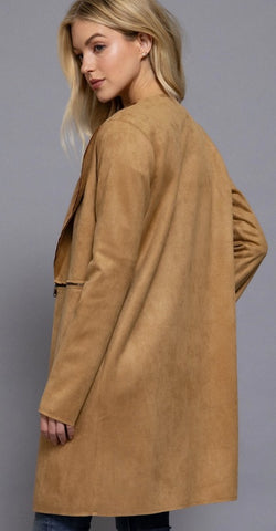 Long Sleeve Front Two Zipper Detail Faux Suede Long Jacket