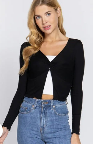 Junior Long Sleeve V-Neck Front Twisted Knit Top
