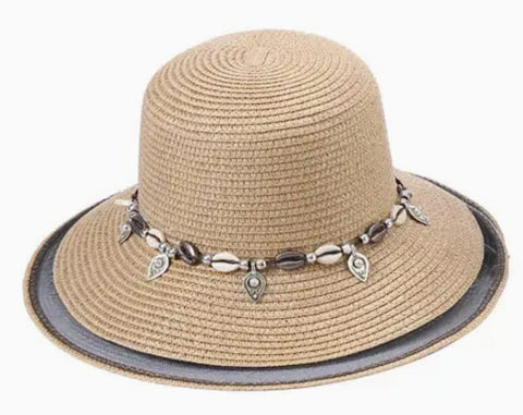Ladies Shell Shape Metal Belt Decor Straw Summer Sun Hat