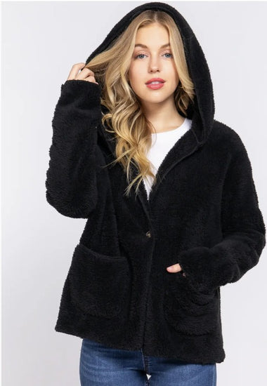 Long Dolman Sleeve Hooded Sherpa Jacket
