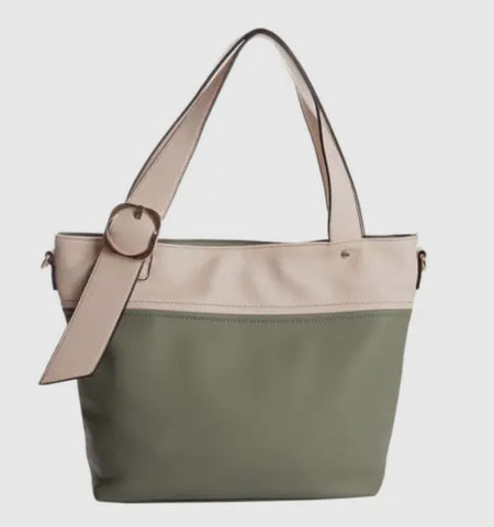 Two tone vegan leather handbag