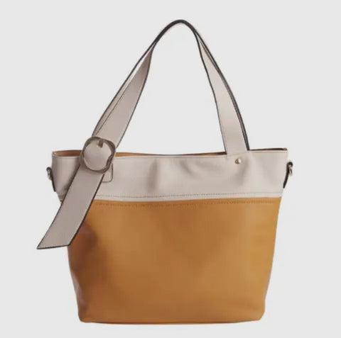 Two tone vegan leather handbag