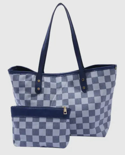 Checkered two-piece tote handbag with interior zipper bag