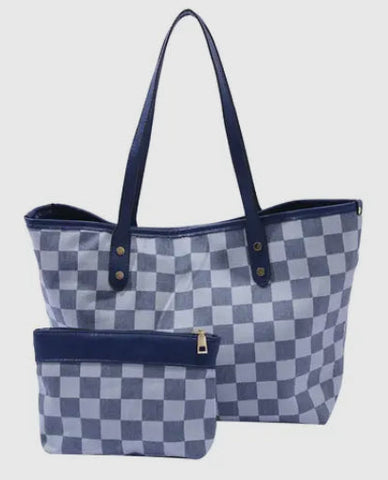 Checkered two-piece tote handbag with interior zipper bag