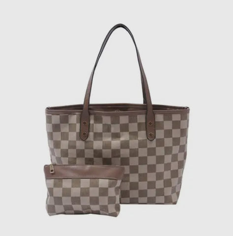 Checkered two-piece tote handbag with interior zipper bag